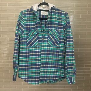 Denim & Supply Ralph Lauren Blue and Green Plaid Shirt by with Hood